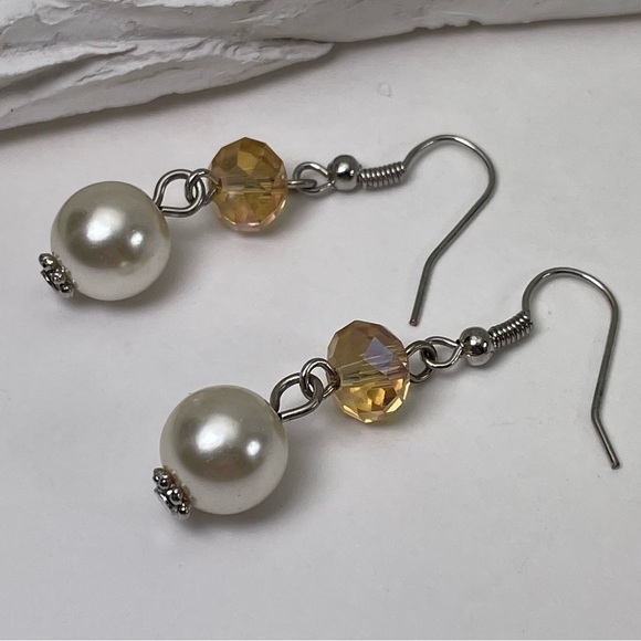 White Pearl and AB Crystal Drop Earrings - Picture 8 of 8